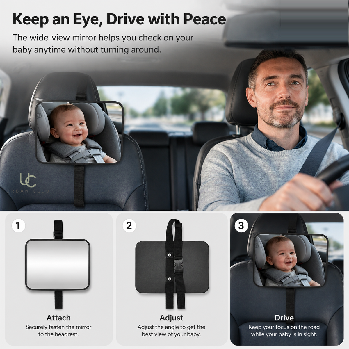 Baby Car Rear-View Mirror installed on headrest, driver's view