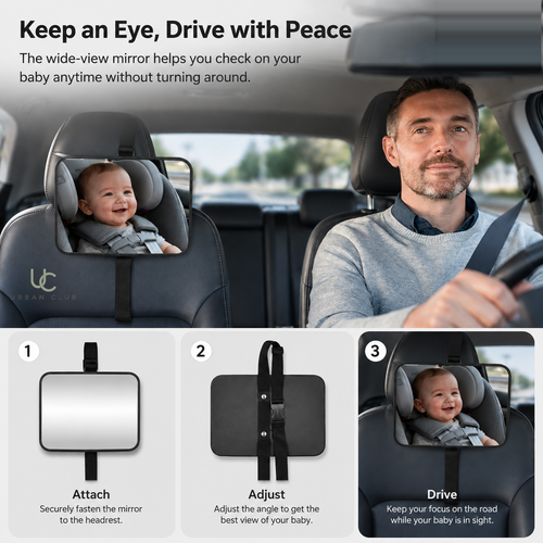 Baby Car Rear-View Mirror installed on headrest, driver's view