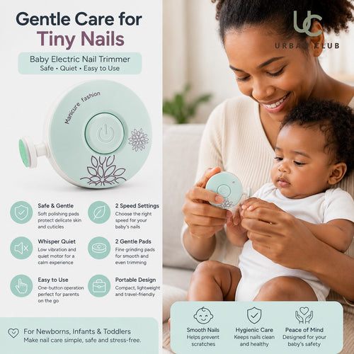 Urban Club baby electric nail trimmer and nail polisher tool for kids, featuring a safe, gentle design for infant nail grooming.