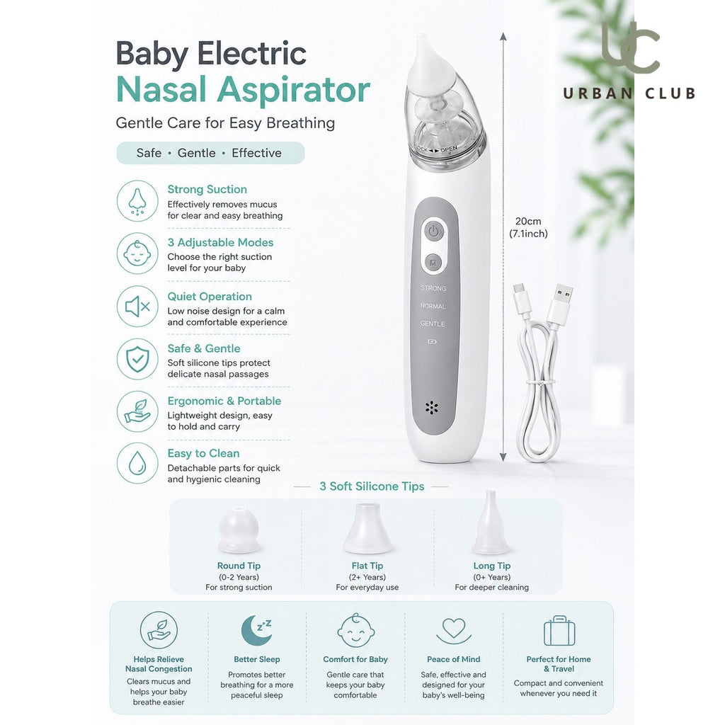 Urban Club portable USB-charged nasal aspirator for infants, showing compact design and nasal suction tip on a clean background.