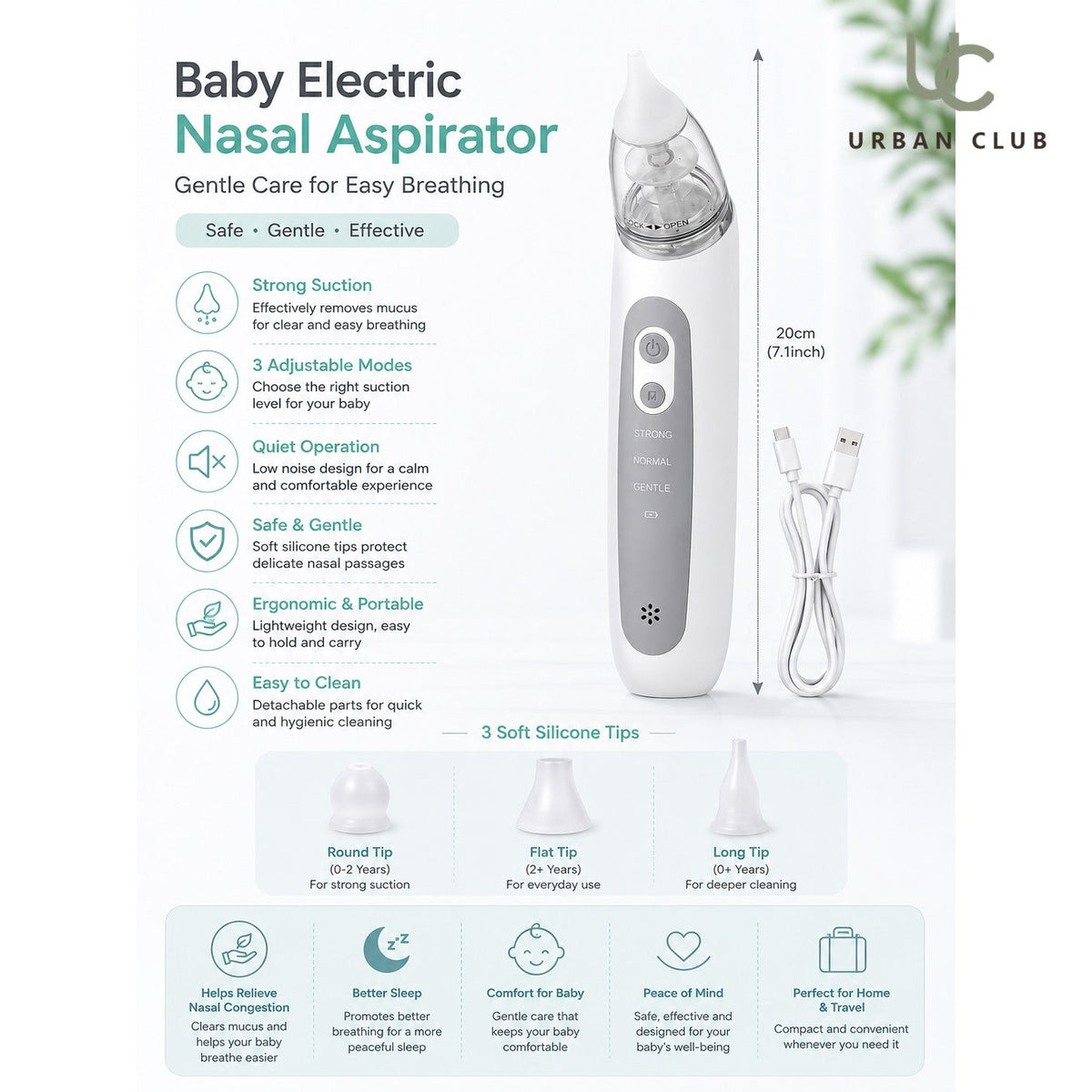 Urban Club portable USB-charged nasal aspirator for infants, showing compact design and nasal suction tip on a clean background.