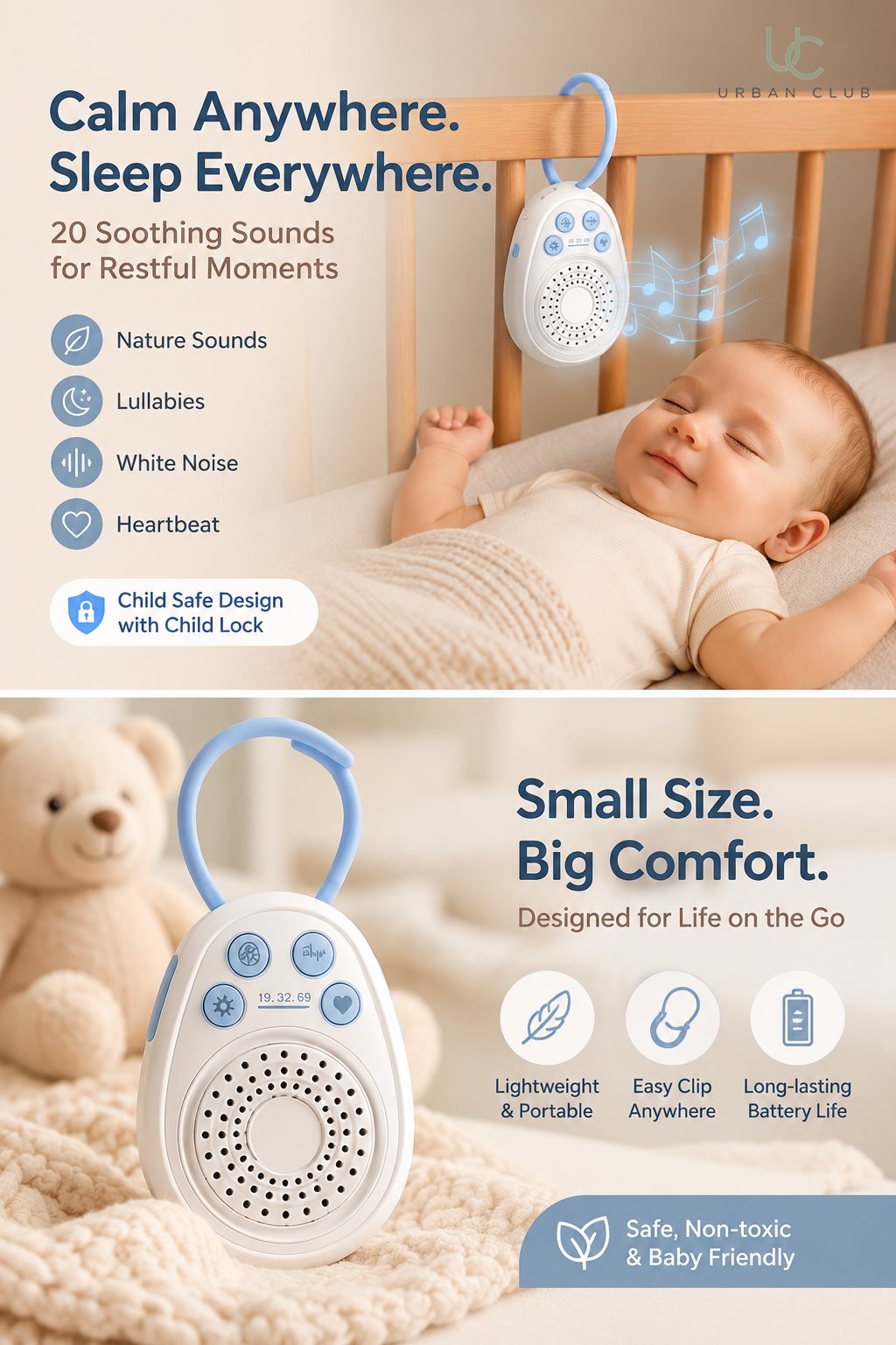 Portable Baby Sound Machine clipped to a crib, playing soothing sounds