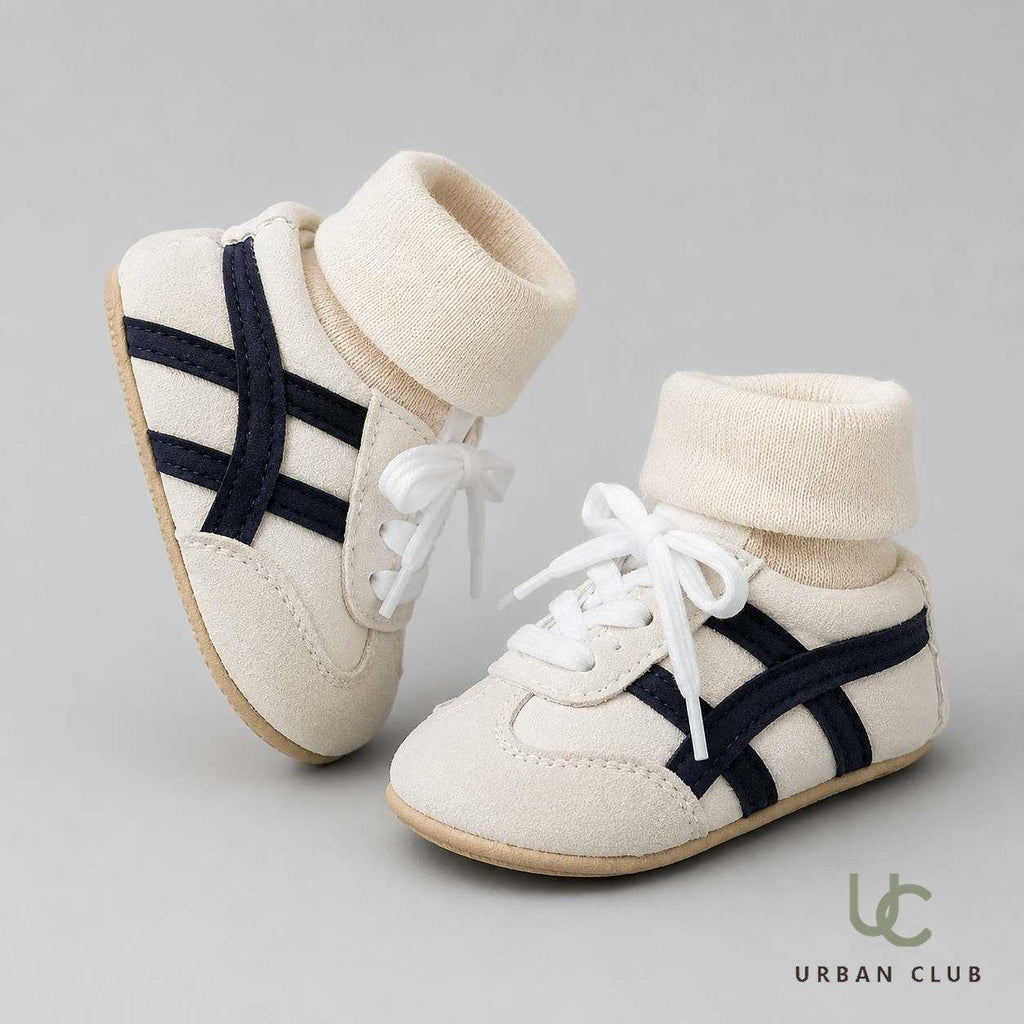 Urban Club baby first-walker sneakers in navy suede with cross-strap detail