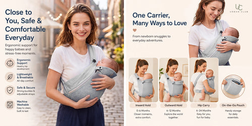 Urban Club 4-in-1 ergonomic baby carrier, grey, lifestyle and carry modes