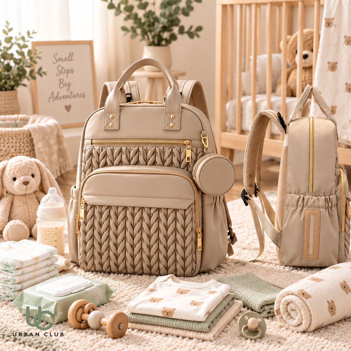 Woven Texture Nappy Bag - Khaki
