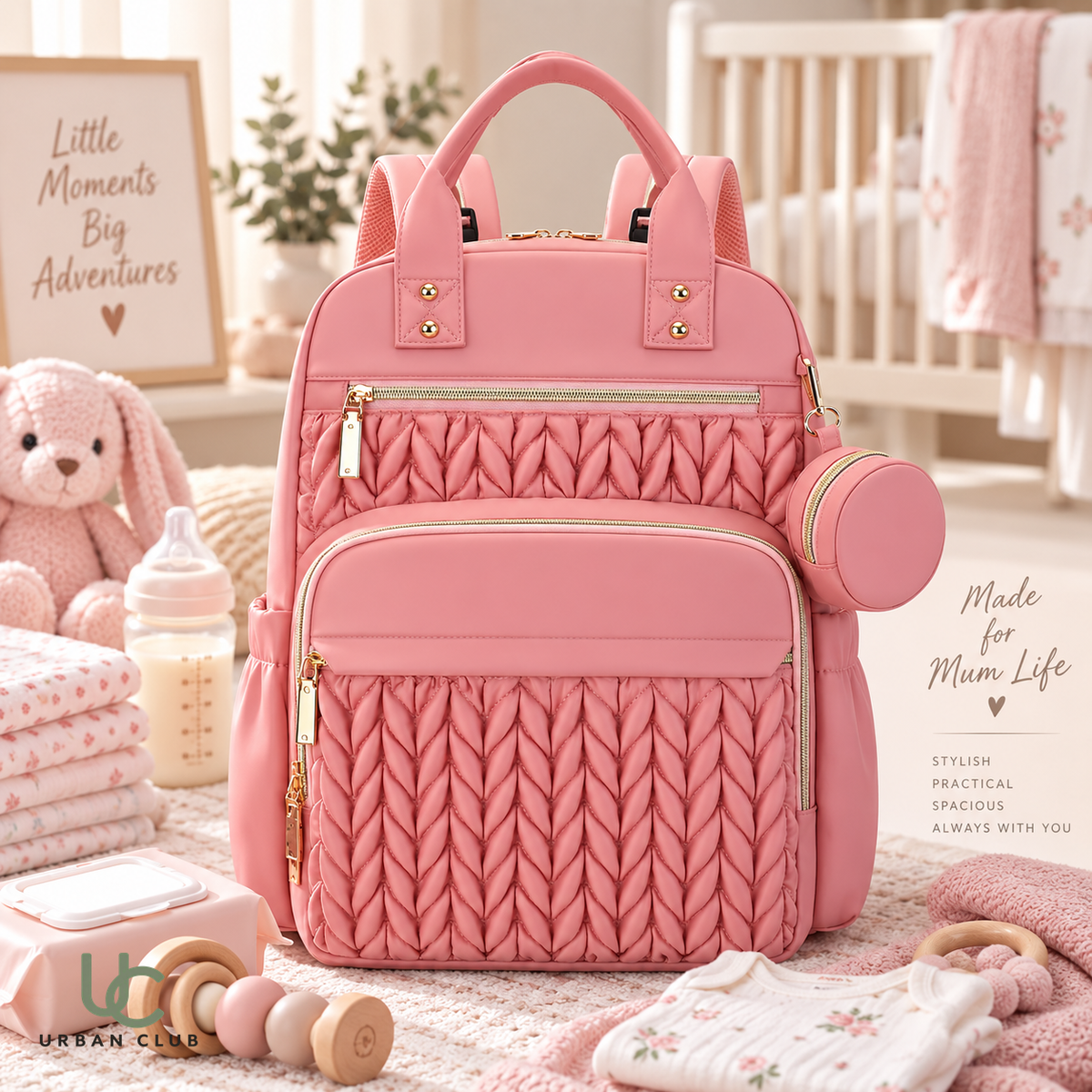 Woven Texture Nappy Bag - Pink